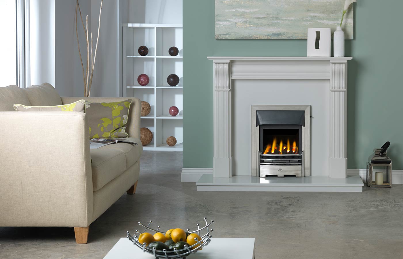 Dublin Corbel Fireplace Suite in Lunar White Micro Marble with Gallery Baltimore in Polished Finish with Glass-Fronted Gas Convector Fire