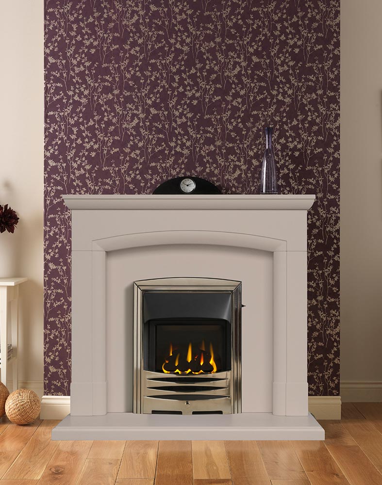 Swainby 48" Fireplace Suite in Chiltern Jurastone with Gallery Solaris (Antique Brass) and High Efficiency Glass-Fronted Gas Convector Fire (Slide Control)