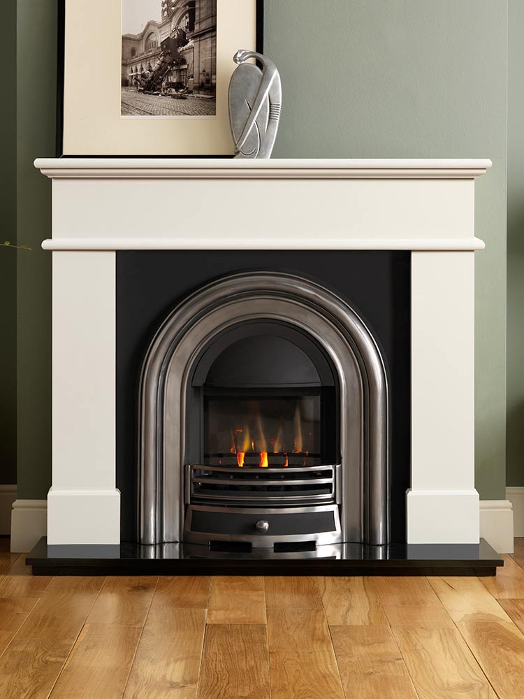 Pisa 54" ivory perla micro marble mantel with Jubilee half-polished Efficiency Plus Insert, glass-fronted gas convector fire (remote control) and 54" granite hearth