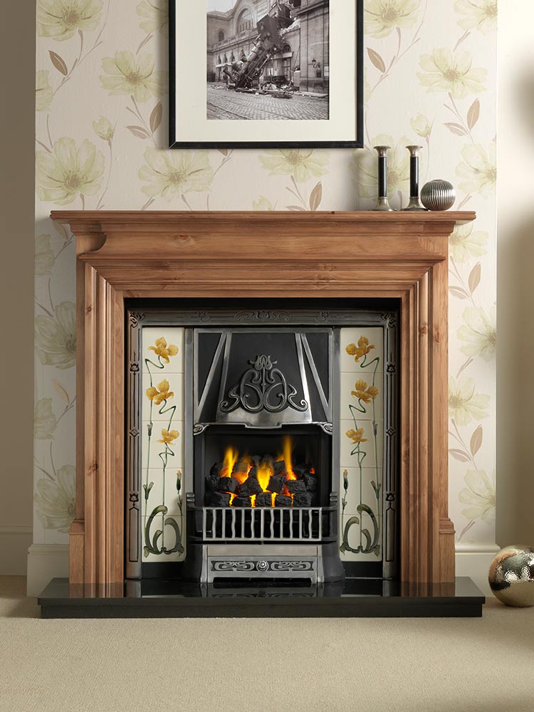 Danesbury 54" pine mantel with Toulouse highlight Efficiency Plus Insert and Sweeping Rose yellow/ivory tiles, open-fronted convector fire and 54" granite hearth