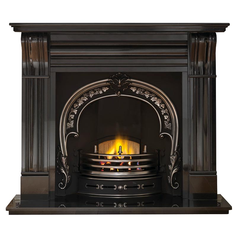 Dublin 60" granite mantel with Fitzwilliam highlight arched insert, decorative gas fire with ceramic coals and 60" granite hearth
