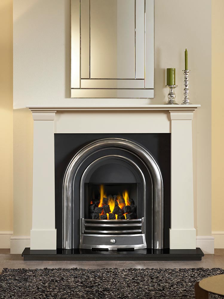 Oslo 54" ivory perla micro marble mantel with Jubilee highlight Efficiency Plus Insert, open-fronted gas convector fire and51" granite hearth