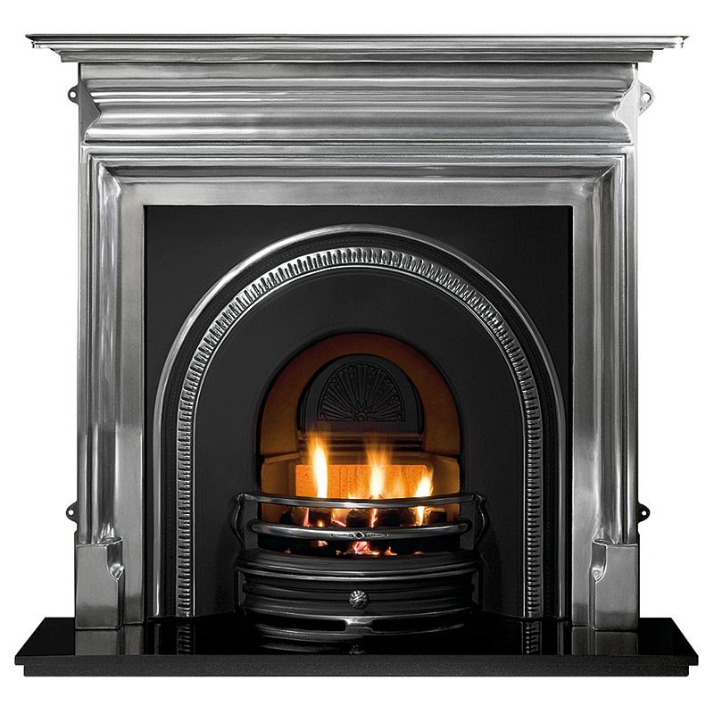 Palmerston 54" polished cast iron mantel with Tradition highlight arched insert, decorative gas fire with ceramic coals and 54" granite hearth