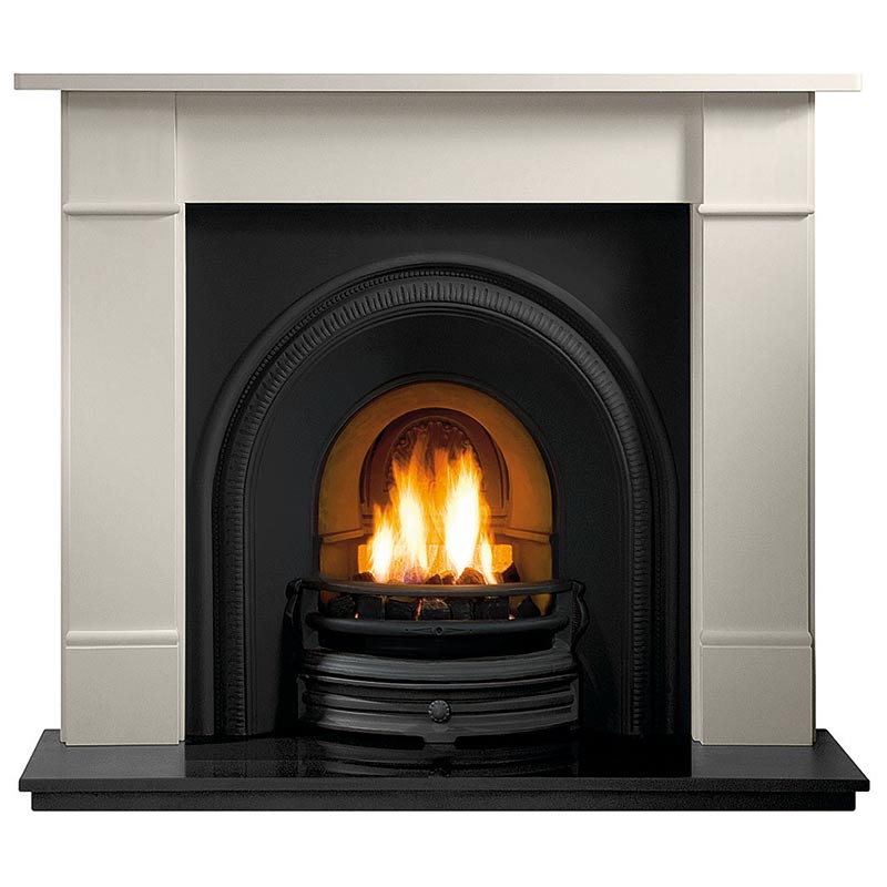 Bromtpon 56" Agean limestone mantel with Tradition black arched insert, real coal fire and 60" slabbed granite hearth