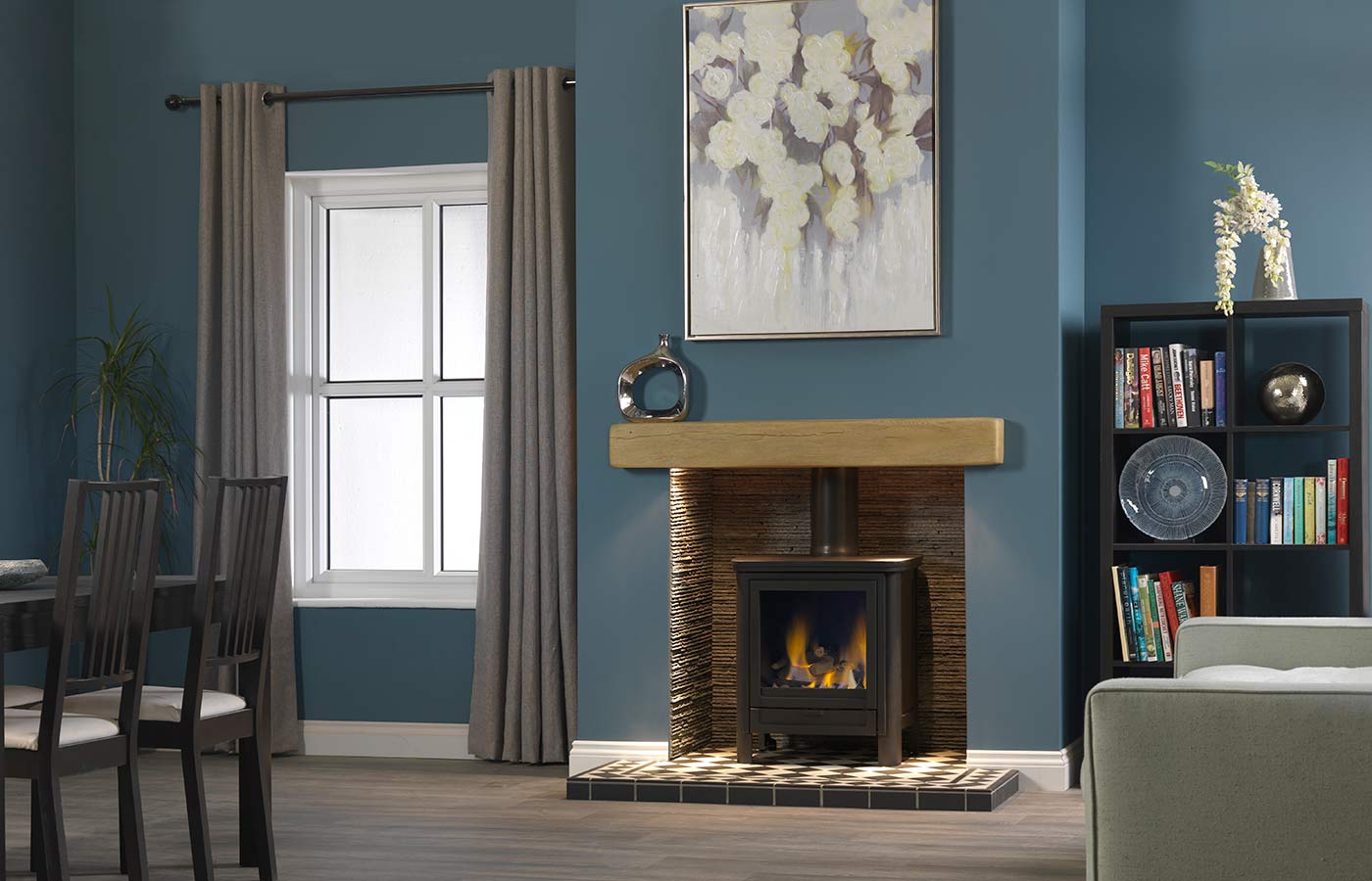 Darwin Gas Stove with light oak effect geocast beam, olive slate waterfall chamber and Harlequin tile slabbed hearth