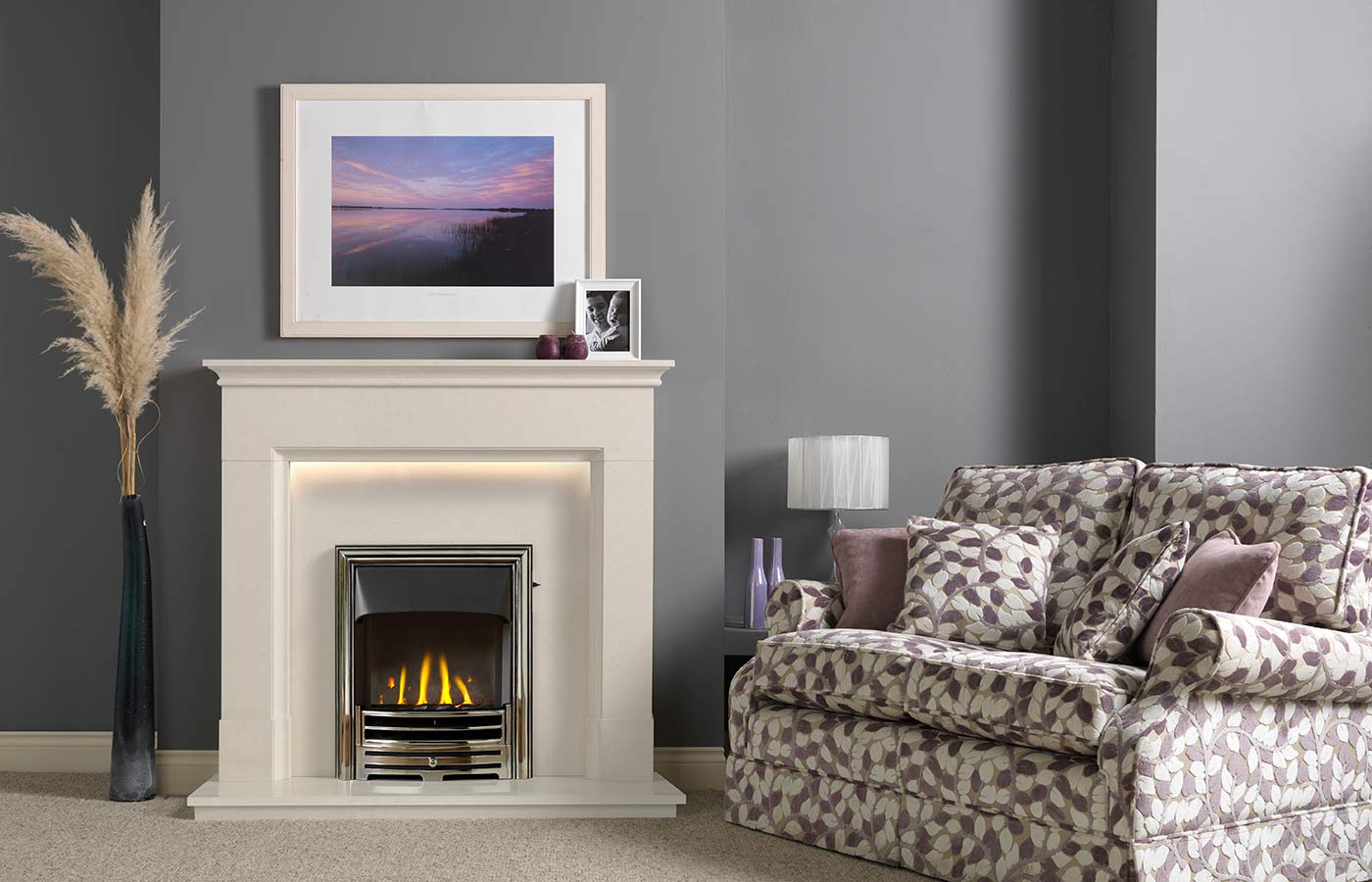Langdon Fireplace Suite in Arctic White Micro Marble